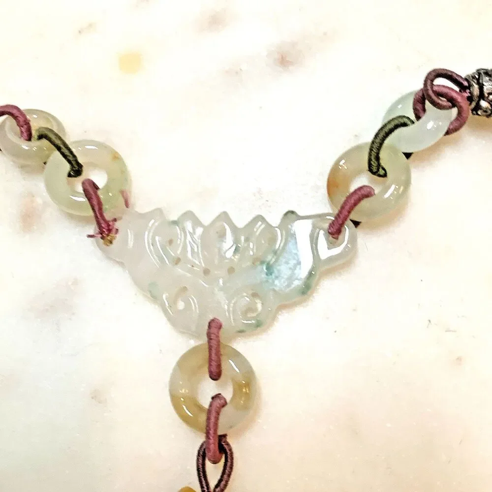 Vintage Jadeite Carved Necklace Y-Drop Pendant Silk Cord Asian Bead Lariat